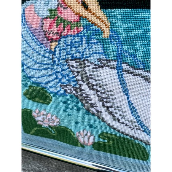 Vintage 1980s Finished Needlepoint picture Fairy Nymph Riding a Swan - Picture 4 of 15